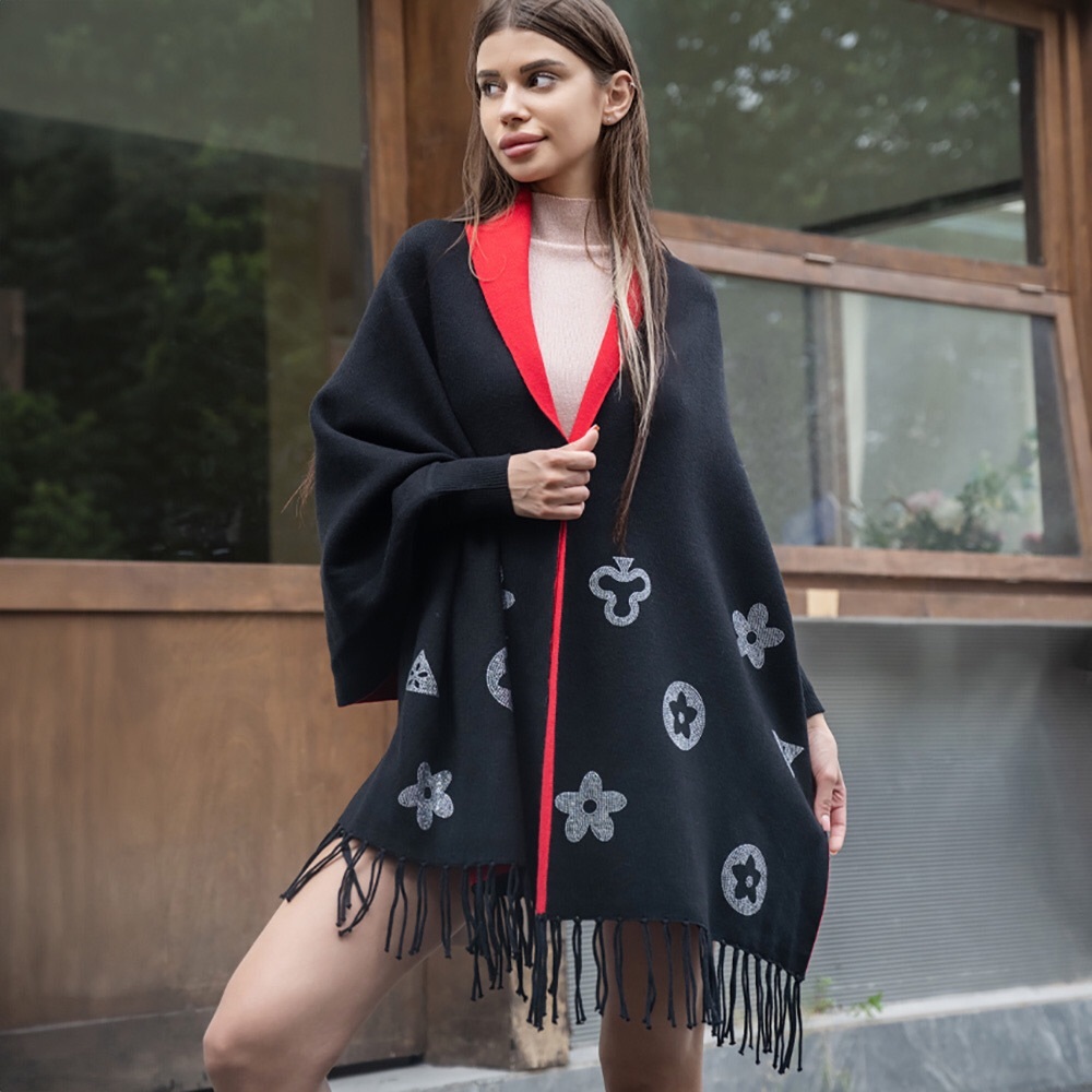 Flower Print Pattern Black and Red Poncho with Fringe